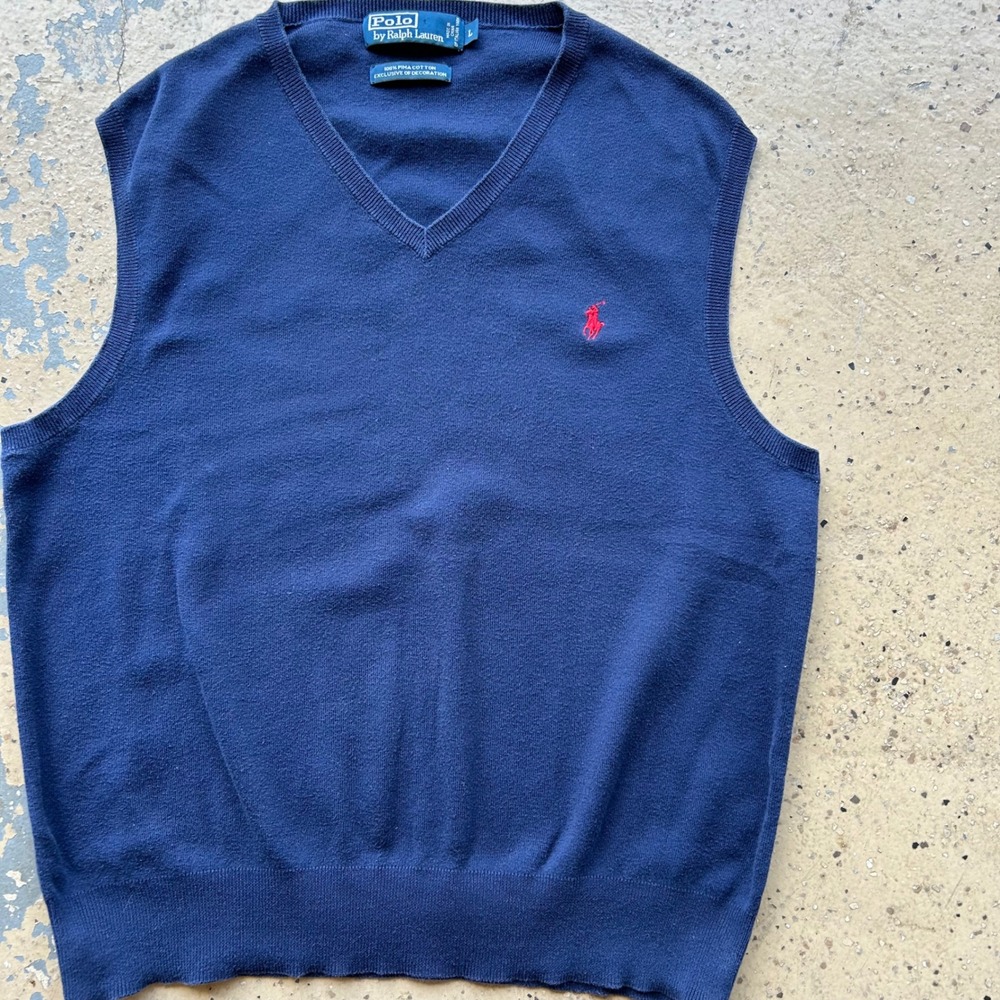 Polo Ralph Lauren Mens Navy Blue Pima Cotton V-Neck Sweater Vest Large Red Pony